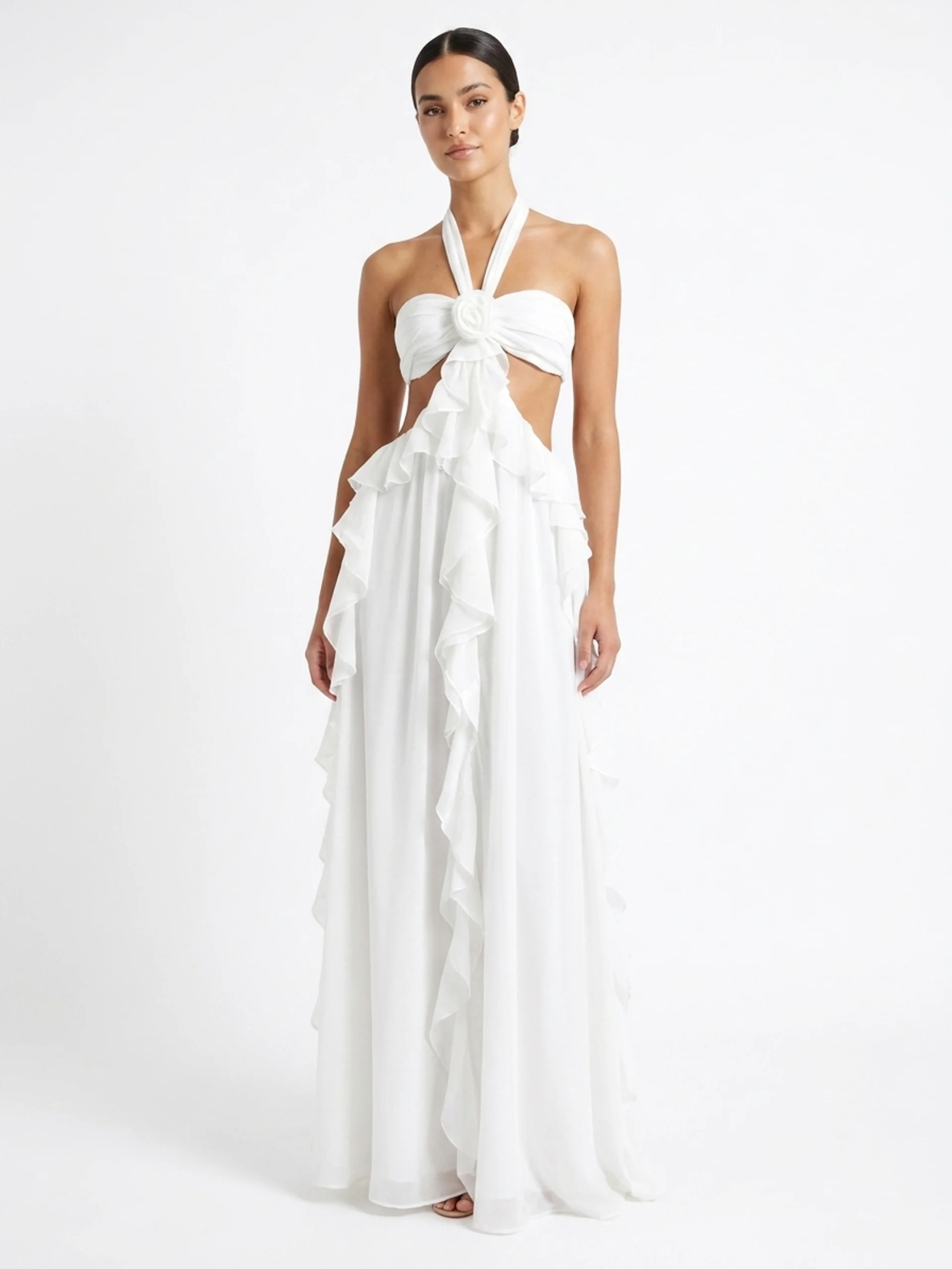 OCTAVIA Women's Halterneck Cut-Out Ruffle Maxi Dress