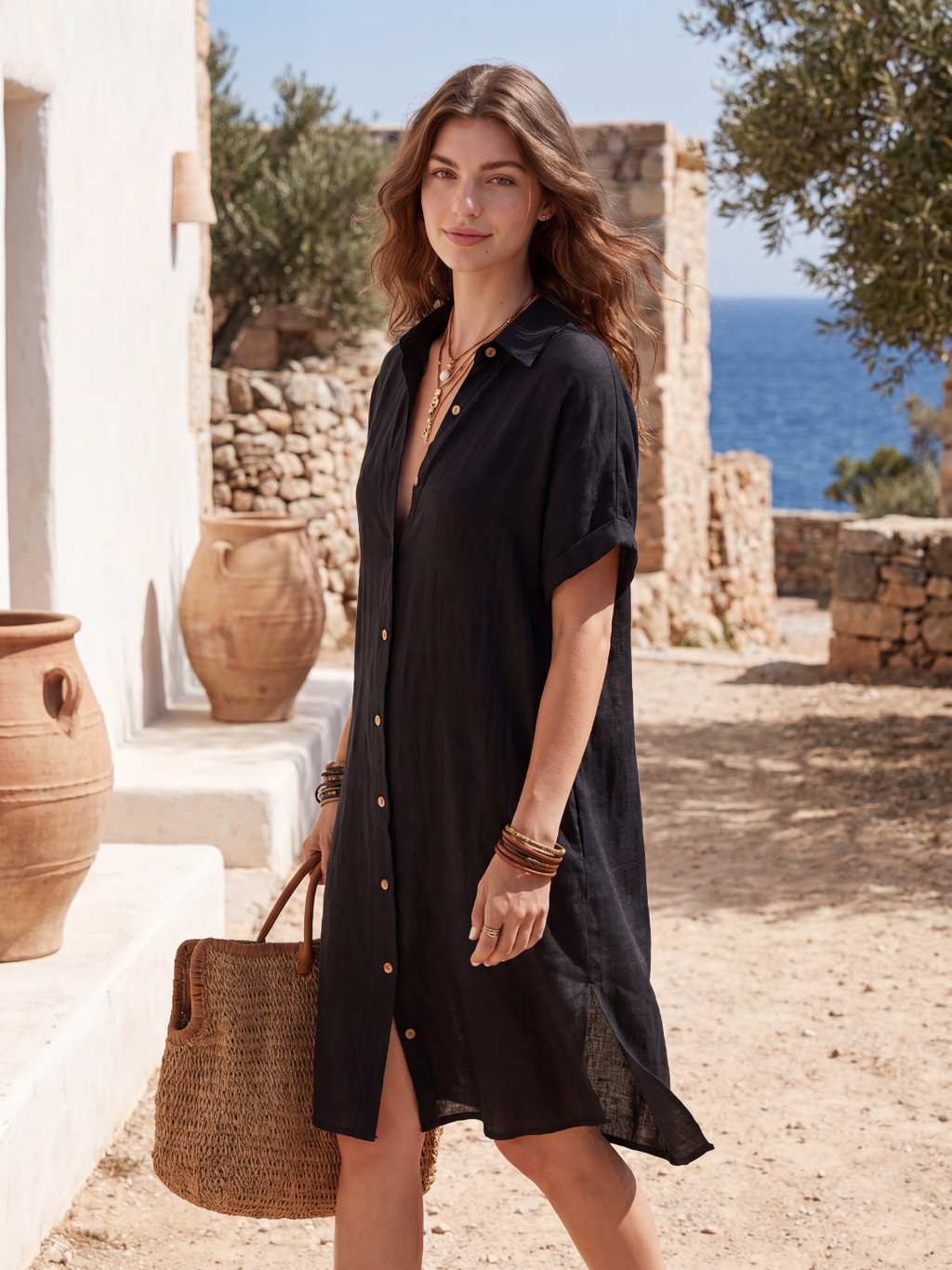 WREN Women's Short-Sleeve Linen Button-Down Shirt Dress with Pockets
