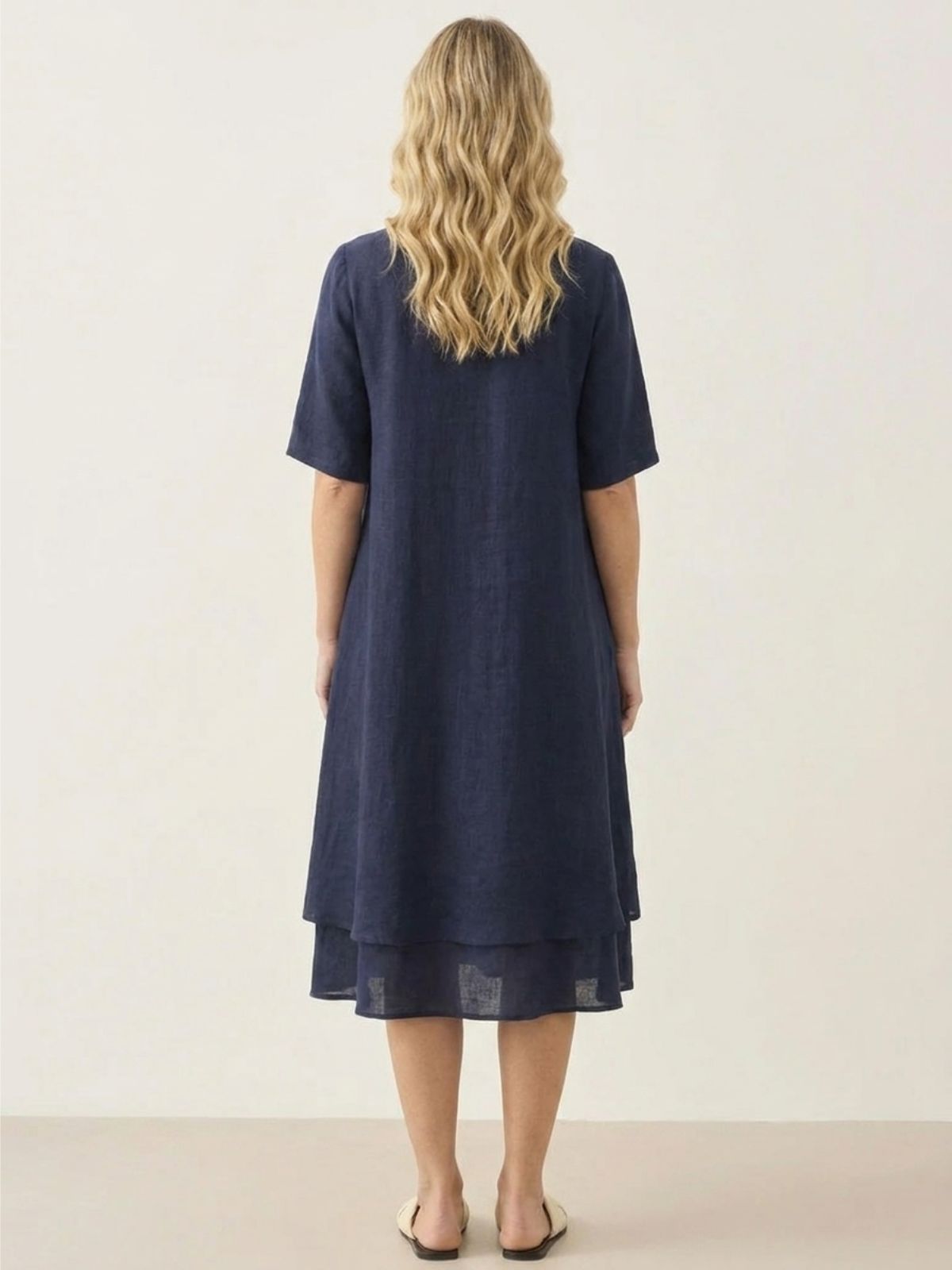 JADE Women's Short Sleeve Linen Midi Dress with Double Layer Hem