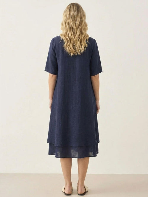 JADE Women's Short Sleeve Linen Midi Dress with Double Layer Hem