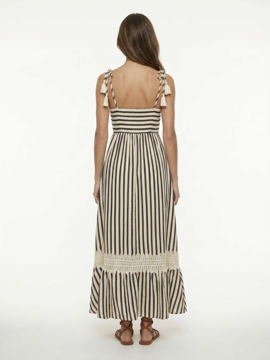 STEPHANIE Women's Square-Neck Striped Maxi Dress with Lace Trim