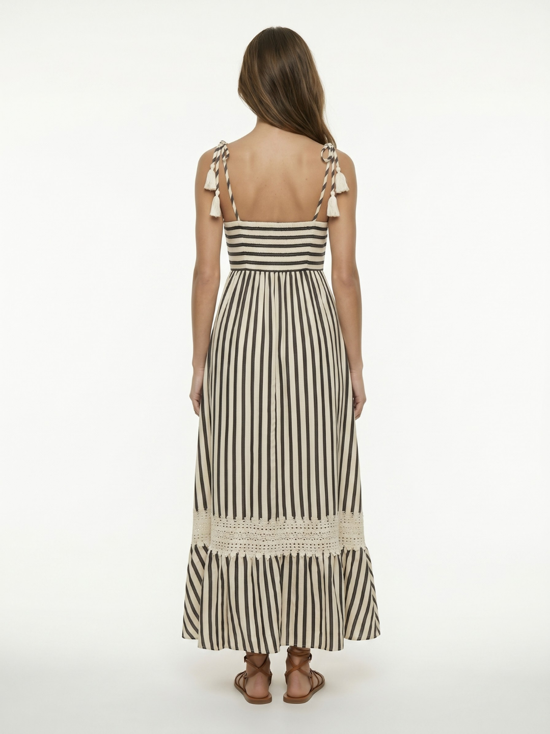 STEPHANIE Women's Square-Neck Striped Maxi Dress with Lace Trim