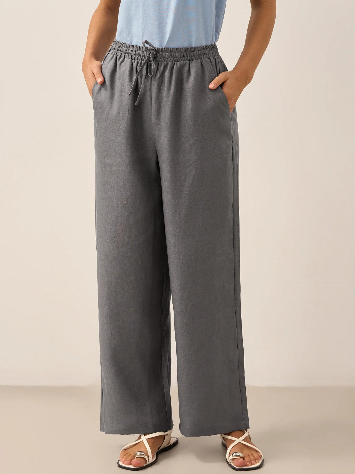 ELISE Women's Straight-Leg Linen Drawstring Pant with Pockets