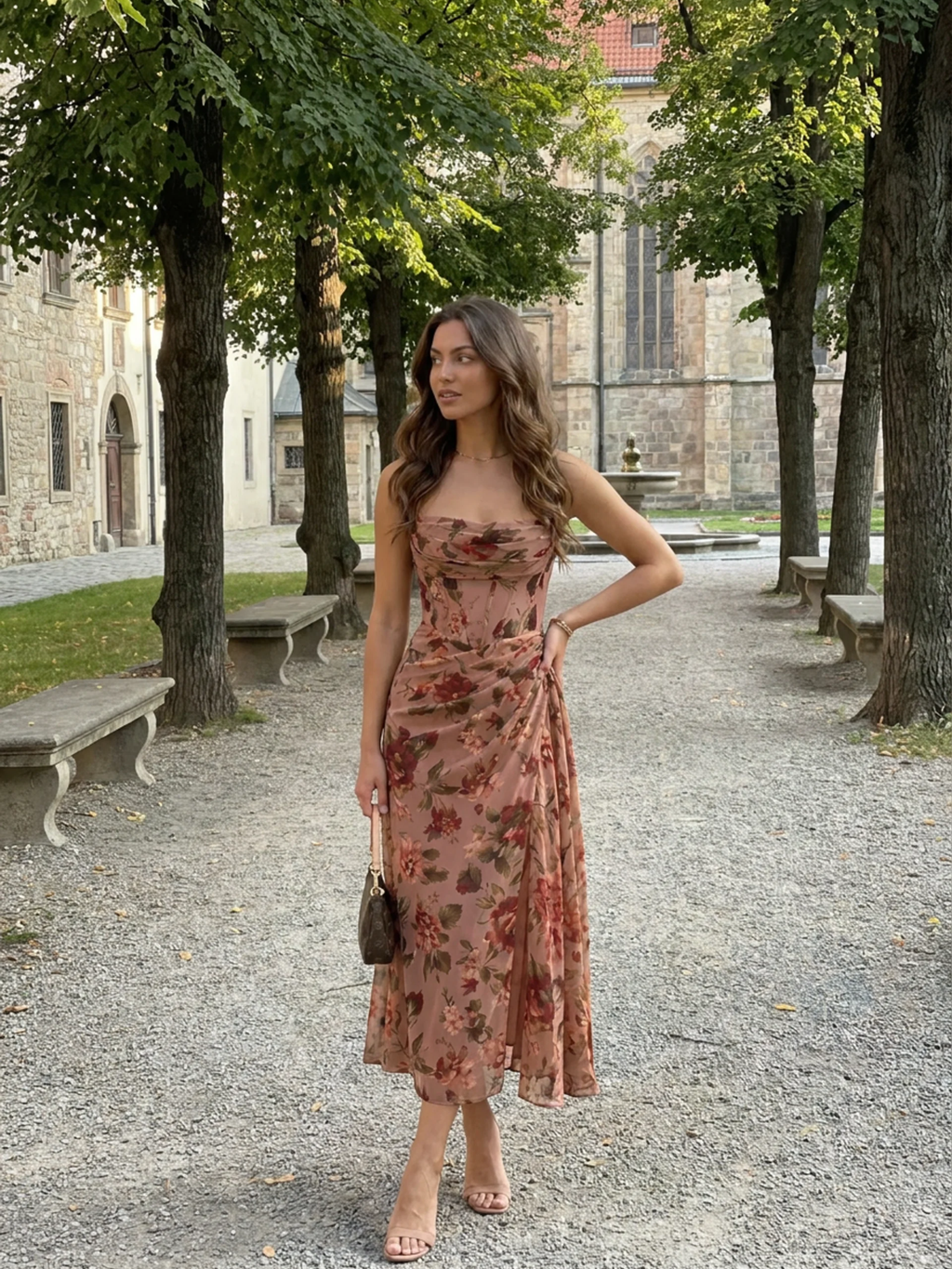PEYTON Women's Floral Chiffon Corset Midi Dress