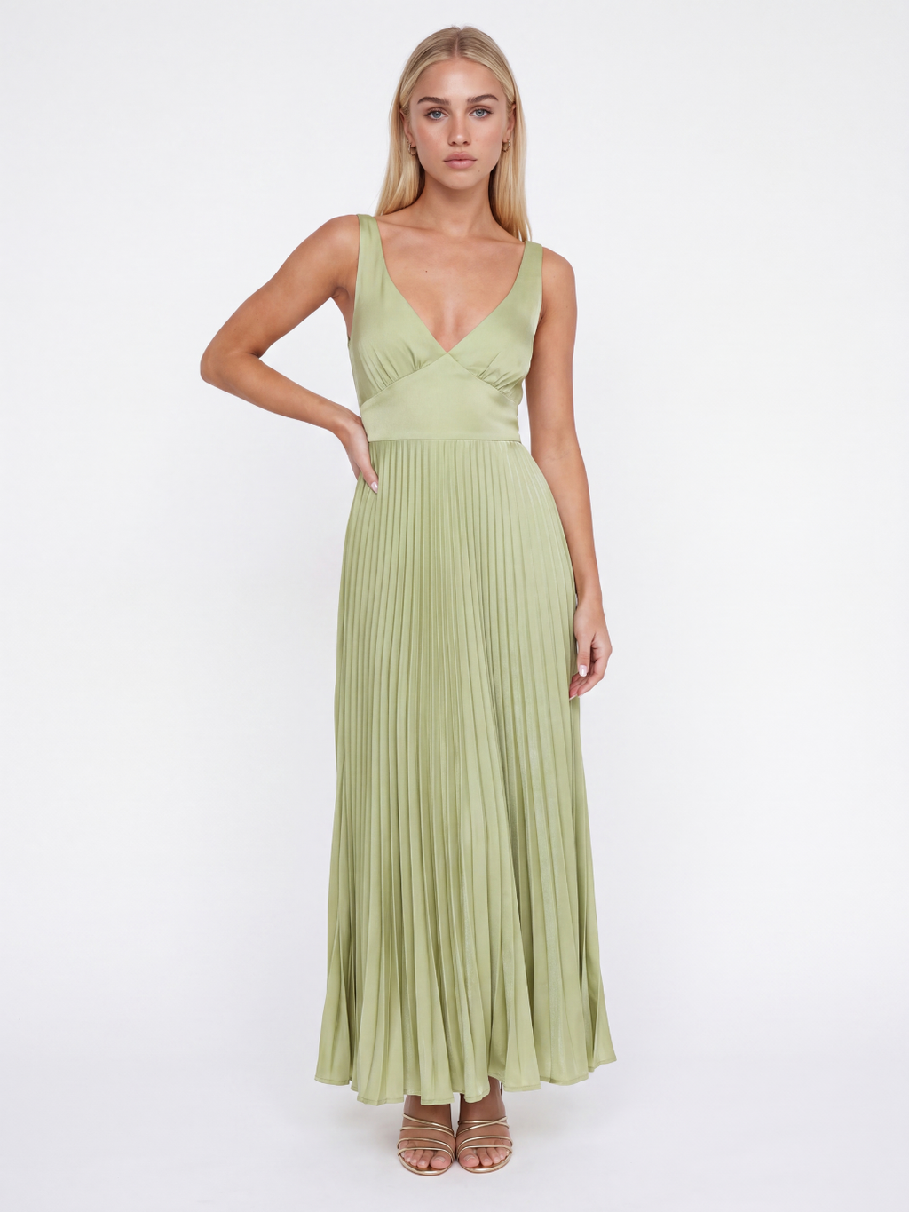 TAYLOR Women's Pleated Satin Maxi Dress with V-Neck