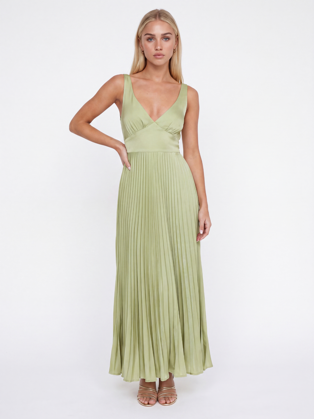 TAYLOR Women's Pleated Satin Maxi Dress with V-Neck