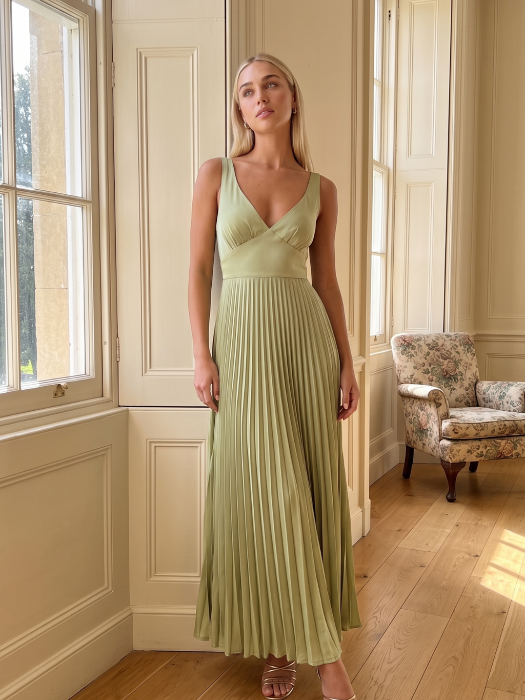 TAYLOR Women's Pleated Satin Maxi Dress with V-Neck