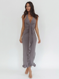 SORAYA Women's Plunge Twist-Front Ruched Cascade Maxi Dress