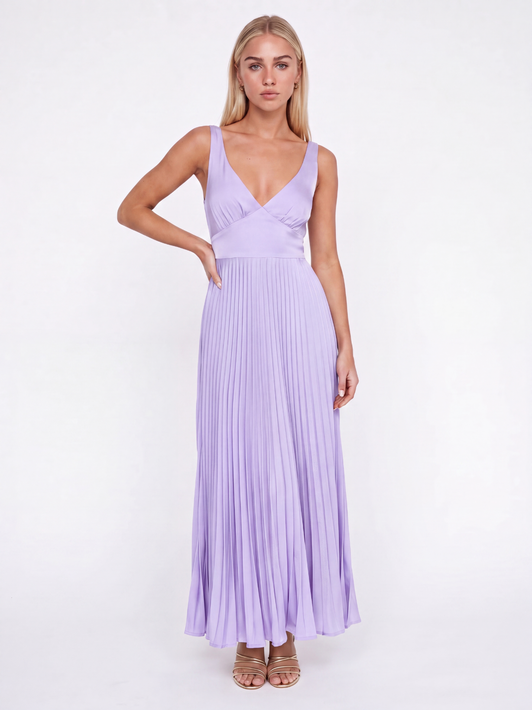 TAYLOR Women's Pleated Satin Maxi Dress with V-Neck