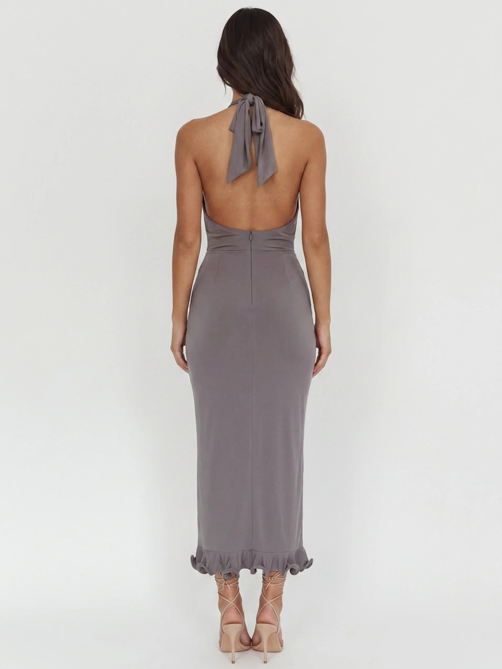 SORAYA Women's Plunge Twist-Front Ruched Cascade Maxi Dress