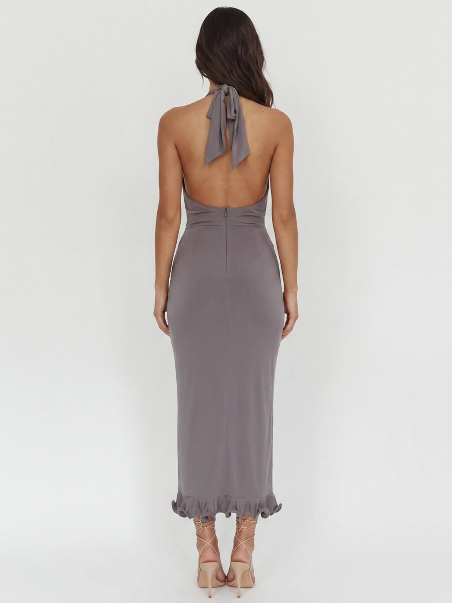 SORAYA Women's Plunge Twist-Front Ruched Cascade Maxi Dress