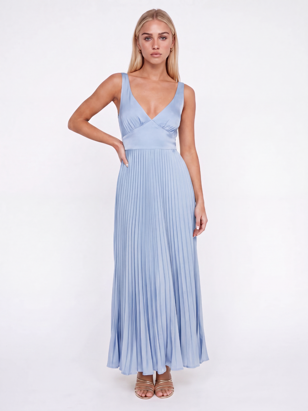 TAYLOR Women's Pleated Satin Maxi Dress with V-Neck
