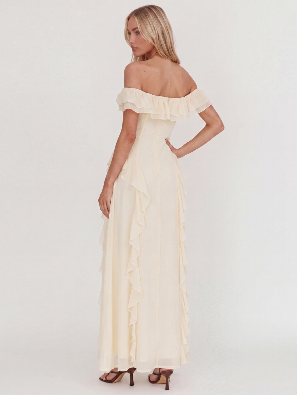 YUKI Women's Off-Shoulder Ruffle Trim Maxi Dress