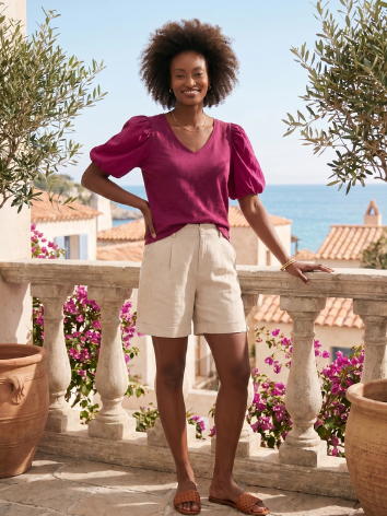 ELOISE Women's High-Rise European Linen Trouser Shorts with Pockets