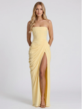 SERIGUILLA Women's Strapless Ruched Draped-Skirt Maxi Dress with Front Slit