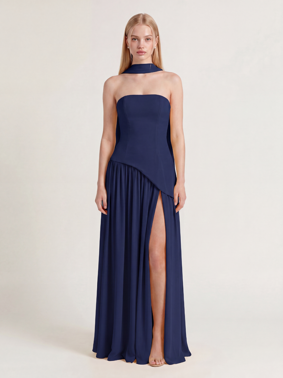 ISADORA Women's Strapless Asymmetric Contrast Maxi Dress with Choker
