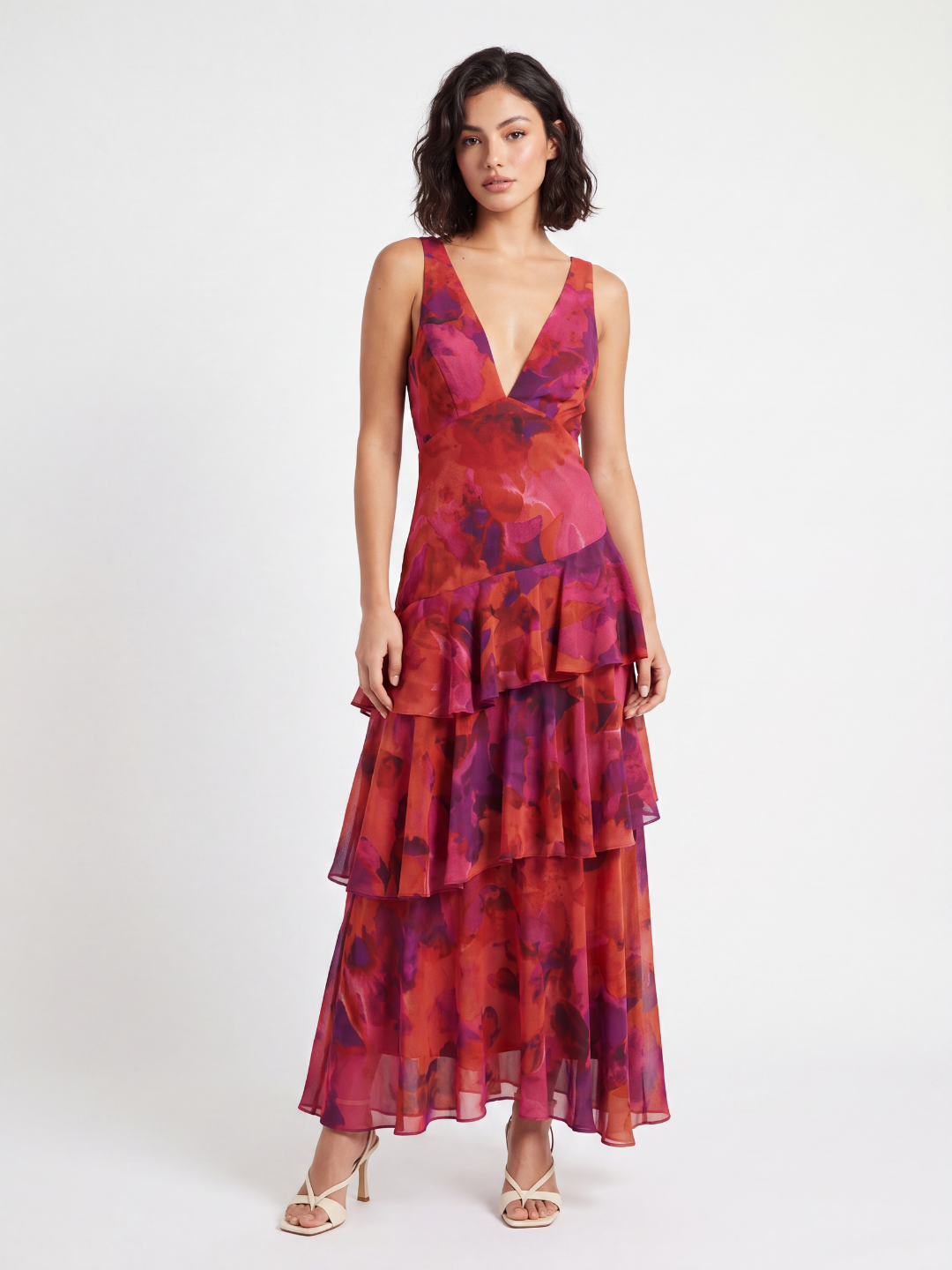MADISON Women's Strappy Back Tiered Ruffle Midi Dress with Floral Print