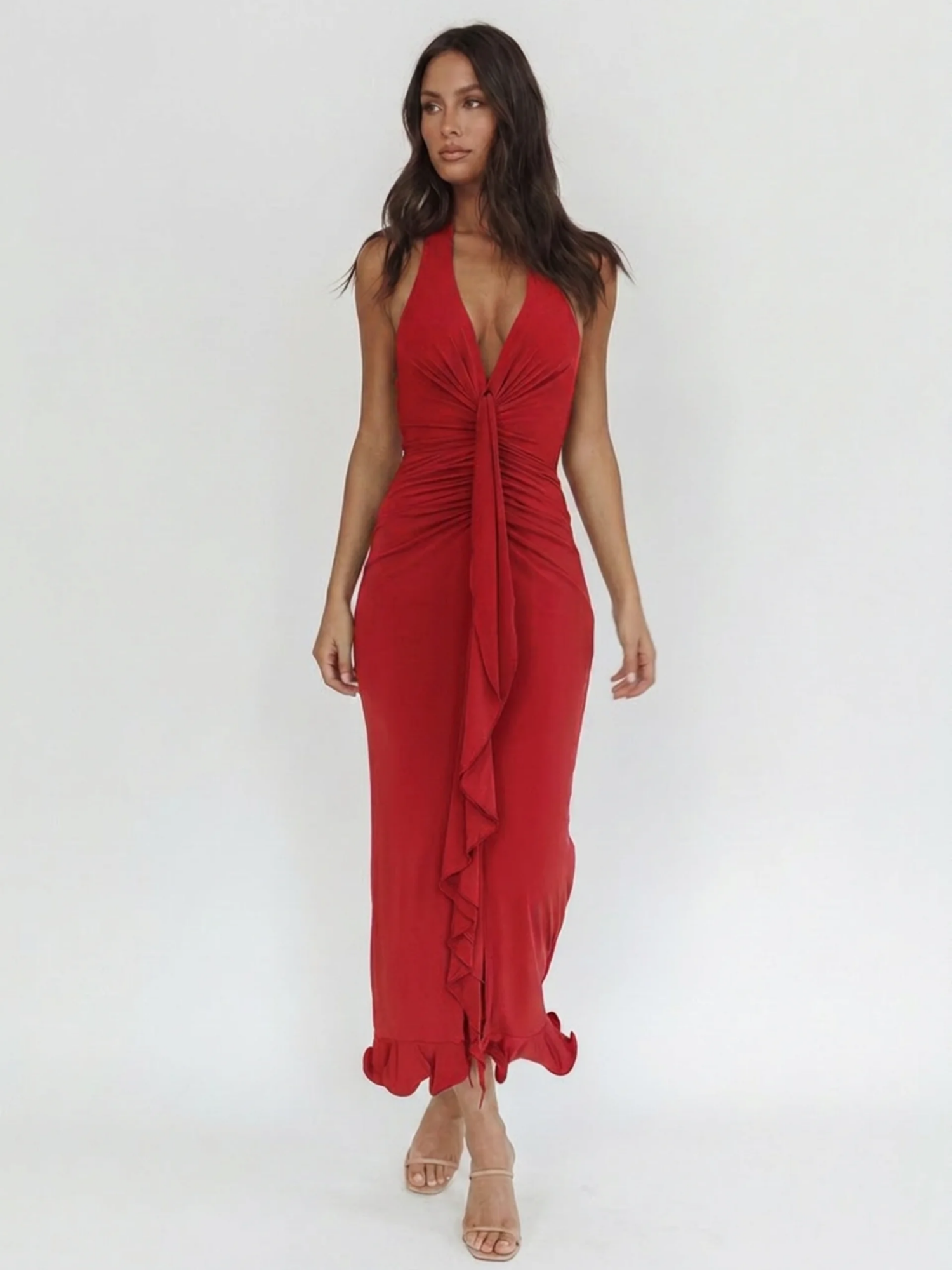 SORAYA Women's Plunge Twist-Front Ruched Cascade Maxi Dress