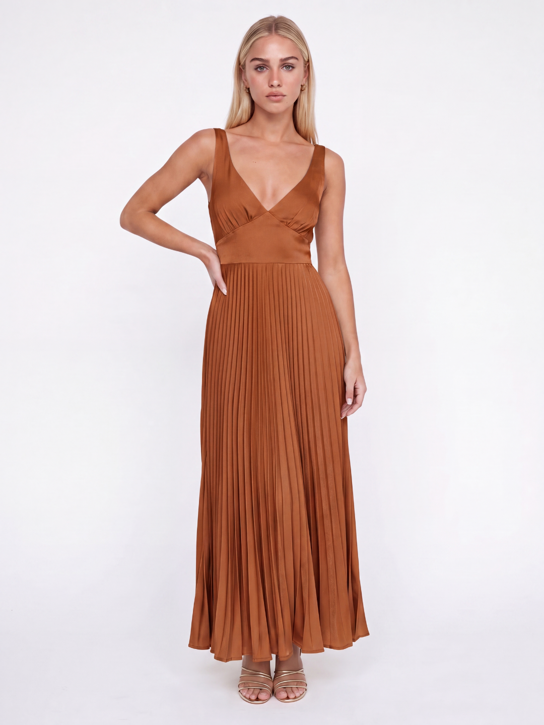 TAYLOR Women's Pleated Satin Maxi Dress with V-Neck