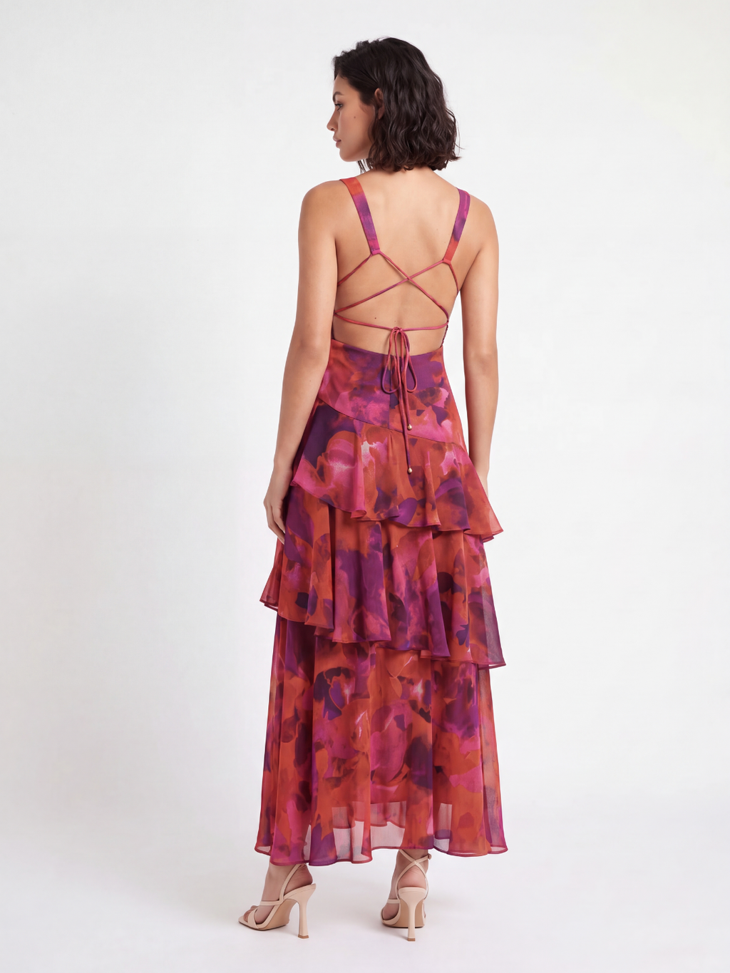 MADISON Women's Strappy Back Tiered Ruffle Midi Dress with Floral Print