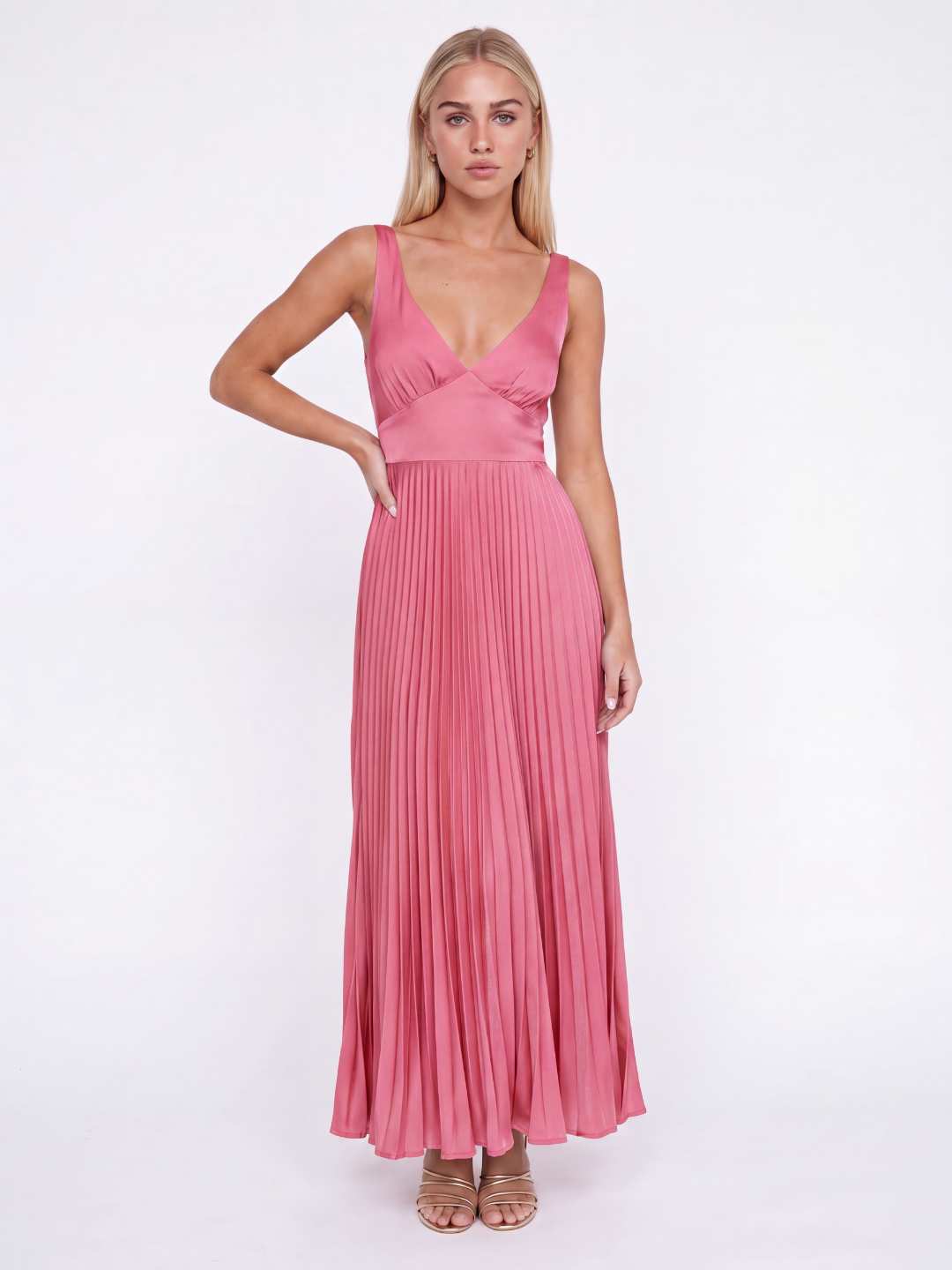 TAYLOR Women's Pleated Satin Maxi Dress with V-Neck