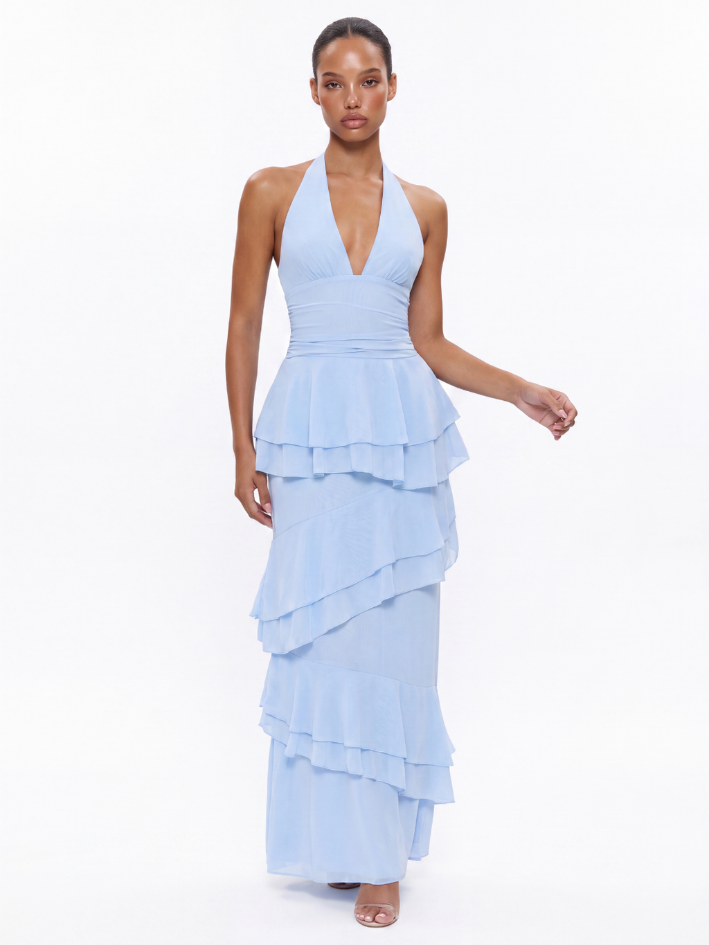 MORGAN Women's Halter Tiered Ruffle Maxi Dress with V-Neck