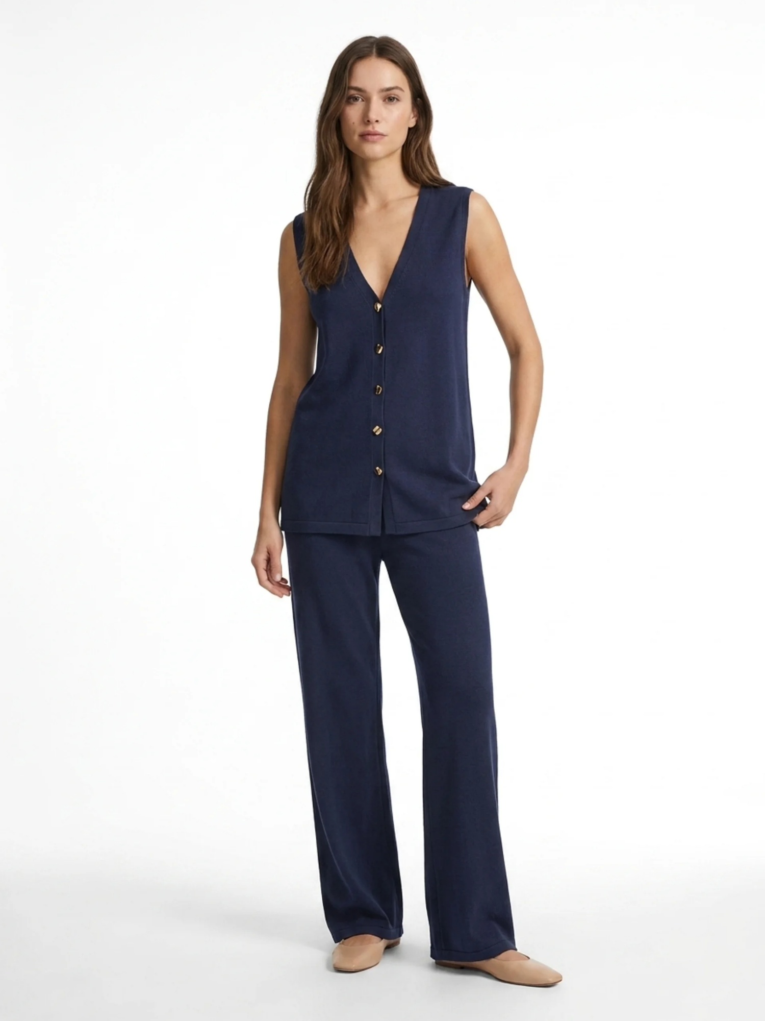THEODORA Women's Knit Button-Front Vest & Wide-Leg Pants Set