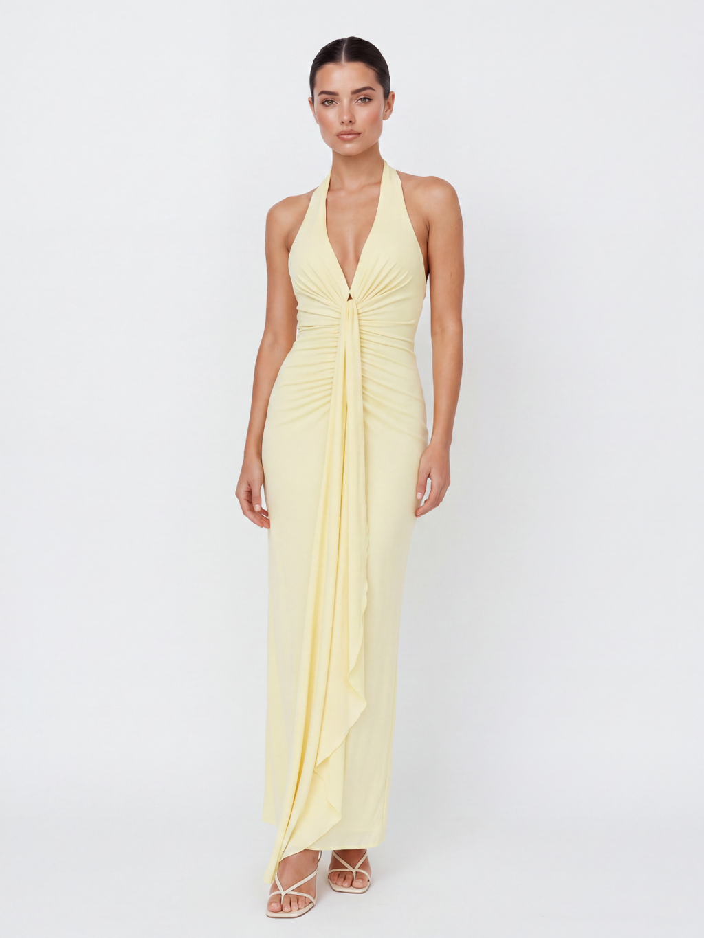 ASHLEY Women's Ruched Halterneck Maxi Dress with Cascading Sash
