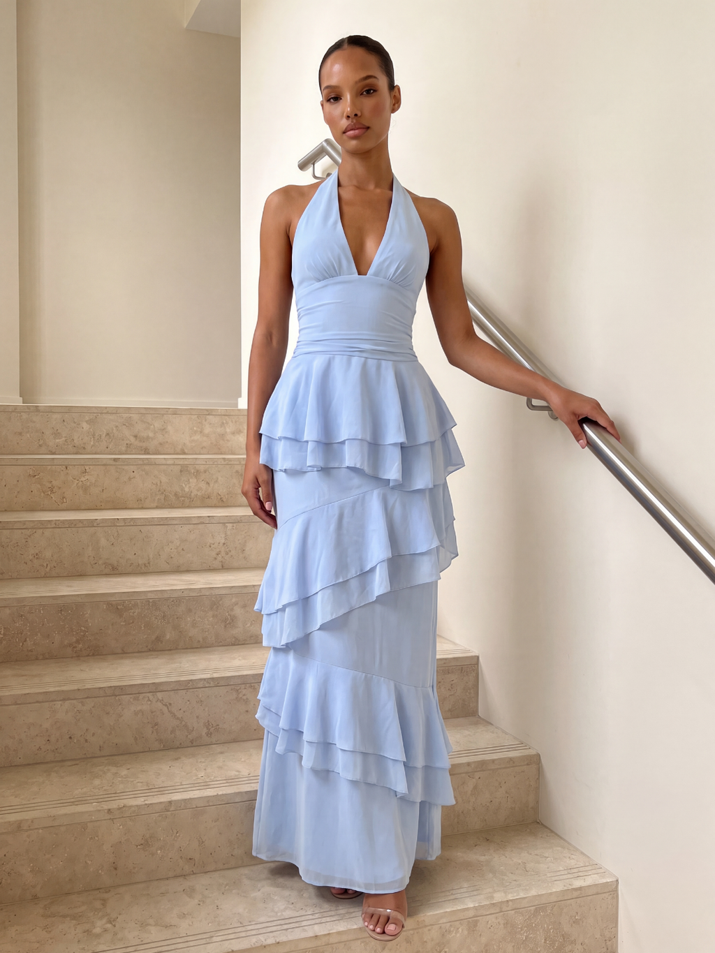 MORGAN Women's Halter Tiered Ruffle Maxi Dress with V-Neck