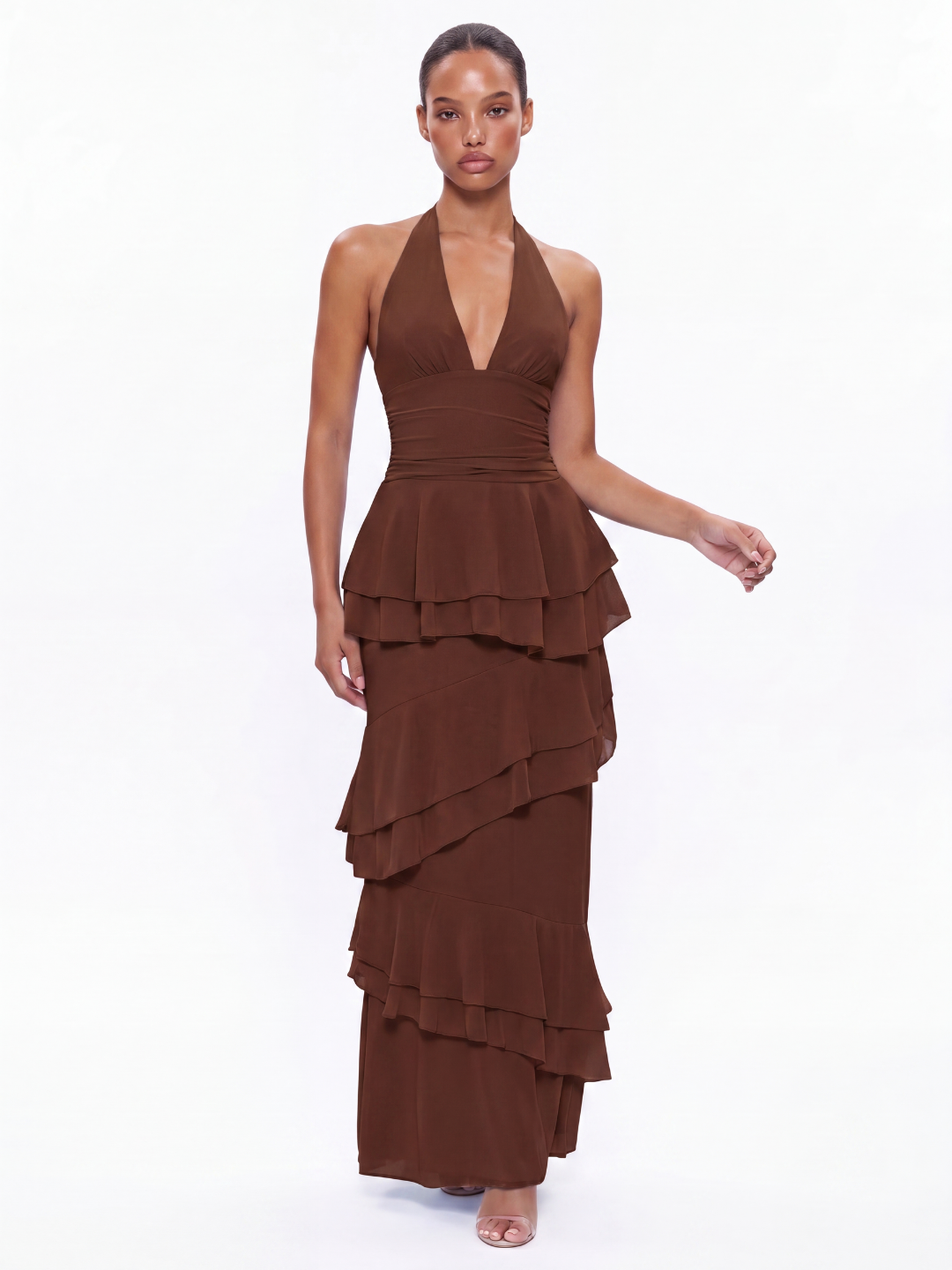 MORGAN Women's Halter Tiered Ruffle Maxi Dress with V-Neck