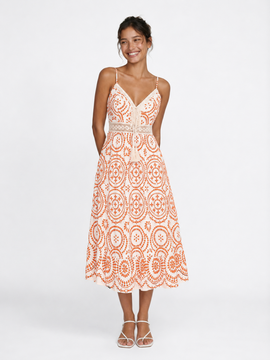 RACHEL Women's V-Neck Ornate Midi Dress