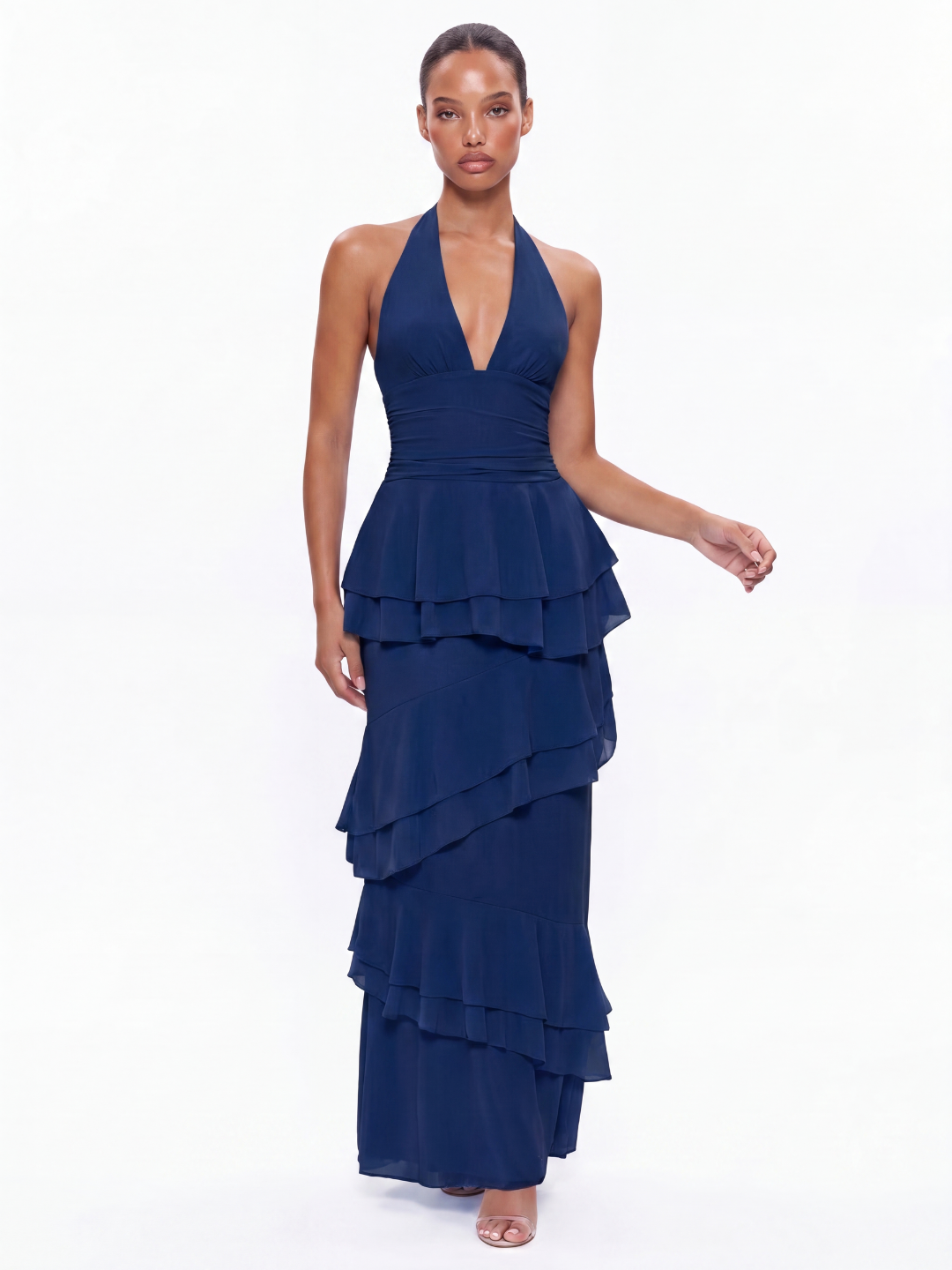 MORGAN Women's Halter Tiered Ruffle Maxi Dress with V-Neck
