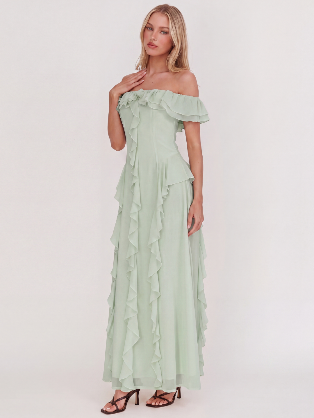 YUKI Women's Off-Shoulder Ruffle Trim Maxi Dress