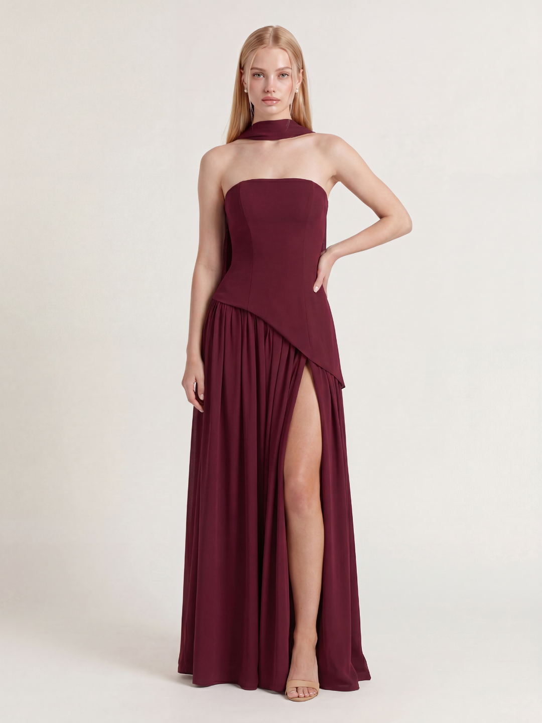 ISADORA Women's Strapless Asymmetric Contrast Maxi Dress with Choker