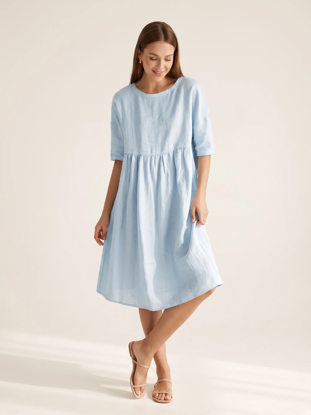 JULIETTE Women's Three-Quarter Sleeve Linen A-Line Midi Dress with Pockets