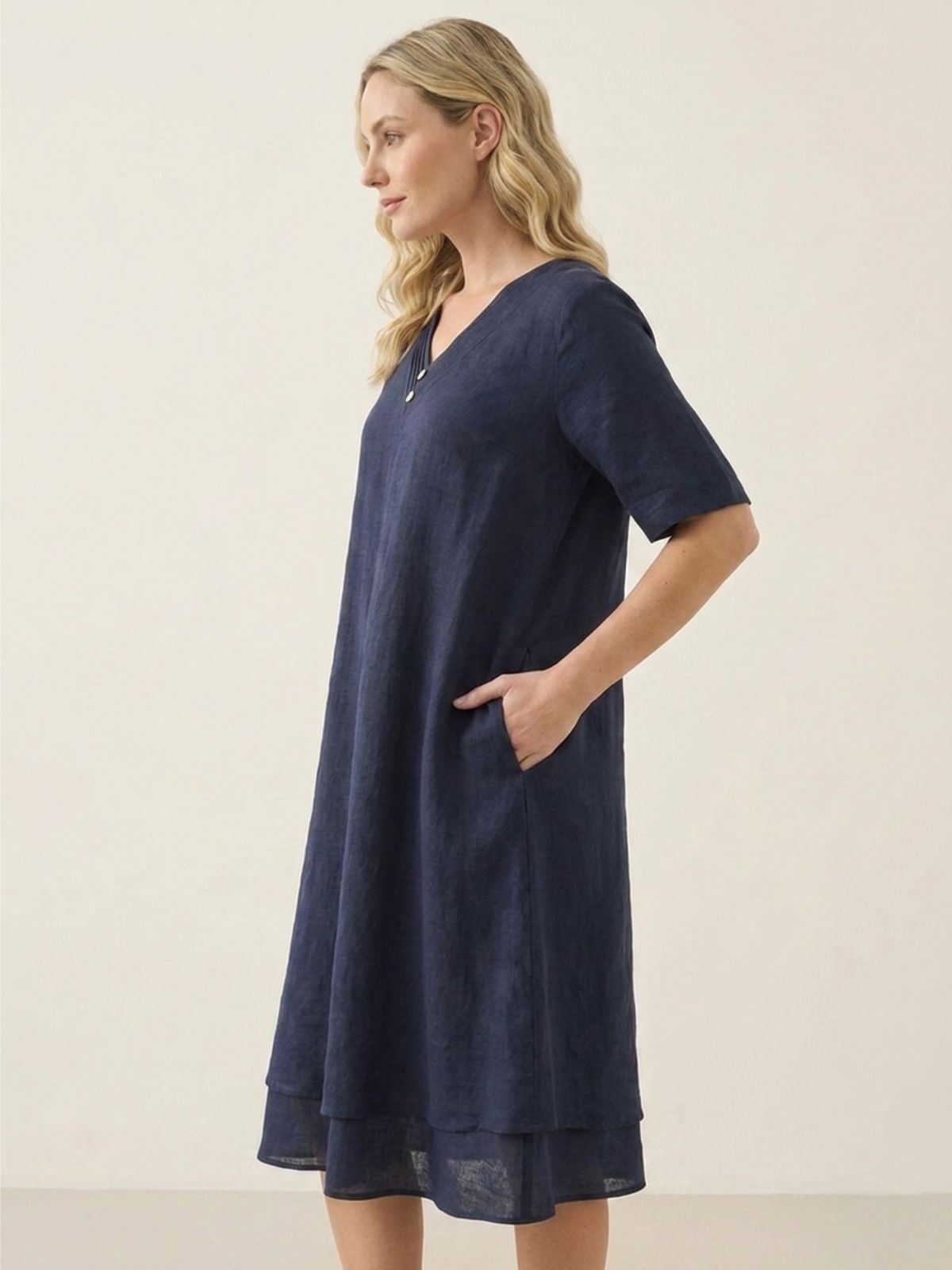 JADE Women's Short Sleeve Linen Midi Dress with Double Layer Hem