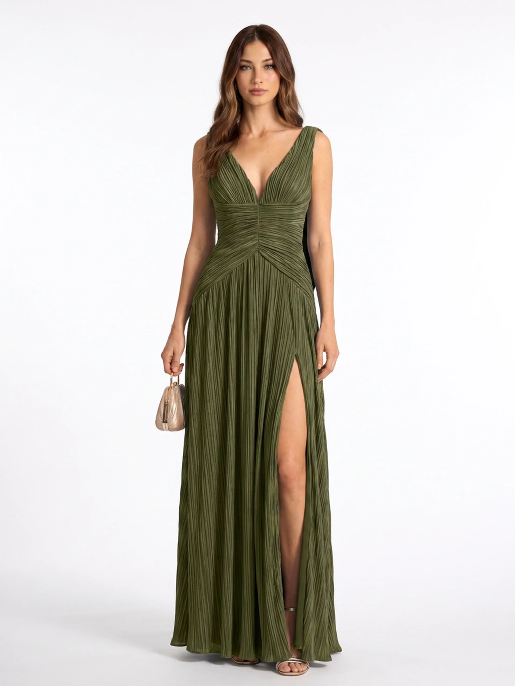 KENNEDY Women's Pleated V-Neck Maxi Dress with High Slit
