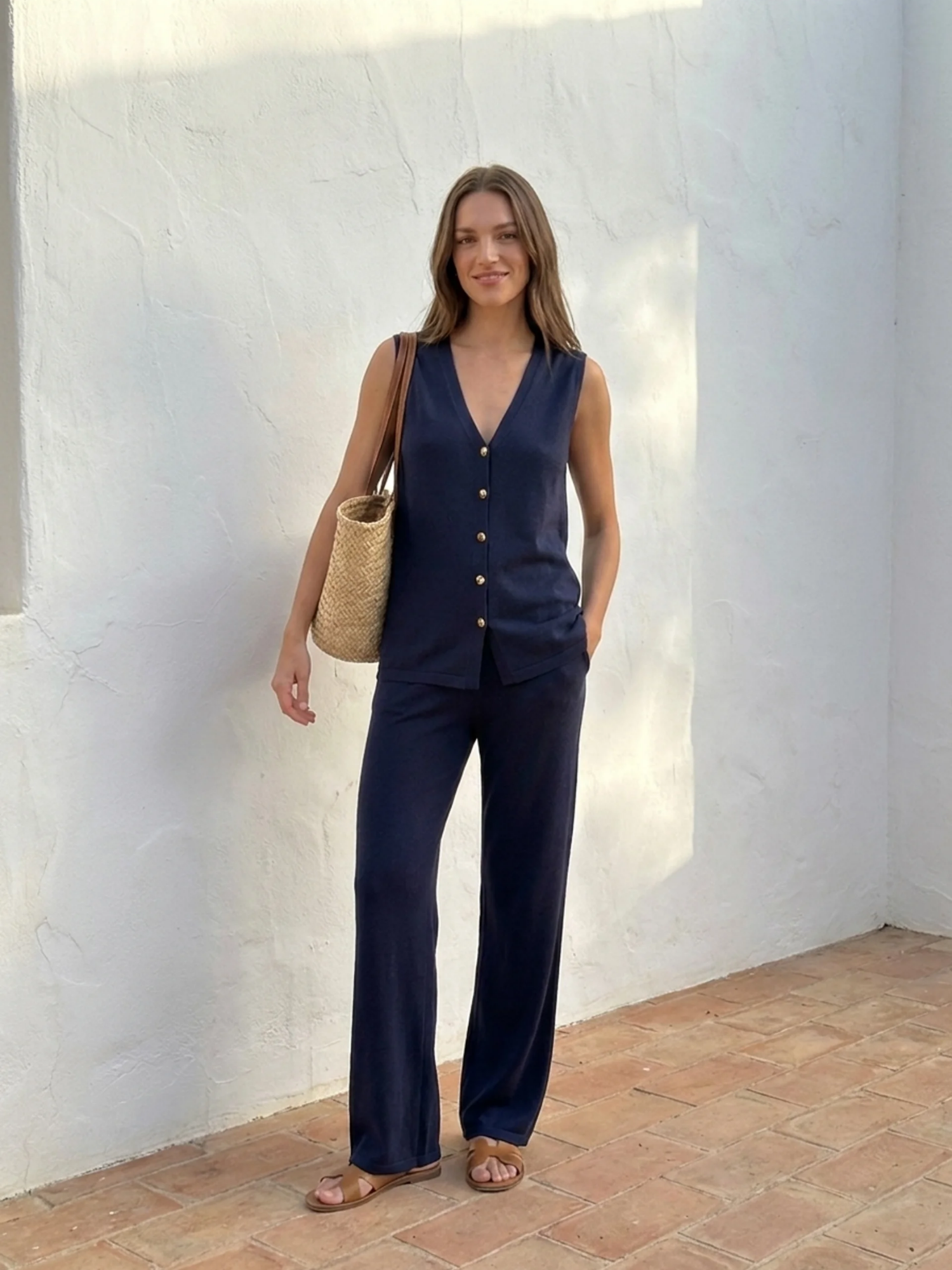 THEODORA Women's Knit Button-Front Vest & Wide-Leg Pants Set