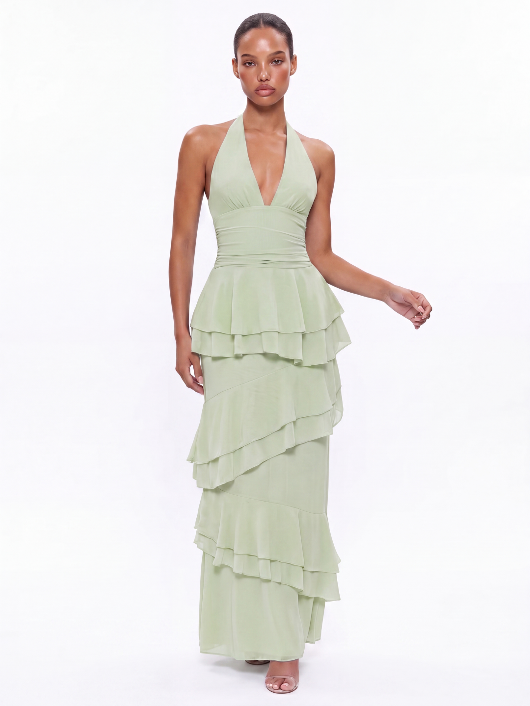 MORGAN Women's Halter Tiered Ruffle Maxi Dress with V-Neck
