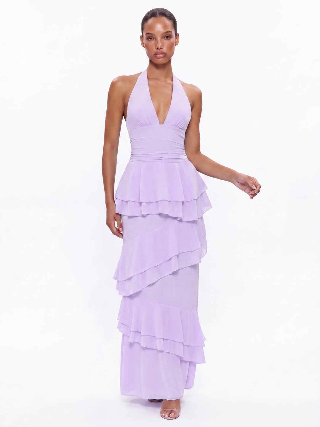 MORGAN Women's Halter Tiered Ruffle Maxi Dress with V-Neck
