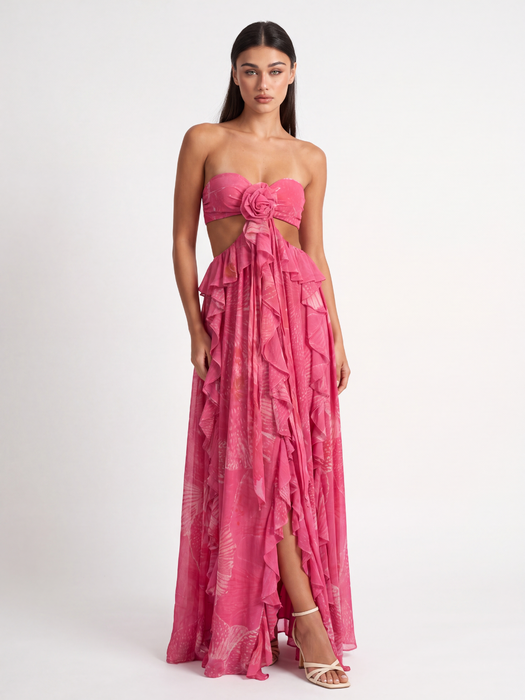 BRITTANY Women's Cut-Out Ruffle Maxi Dress with Rosette Detail