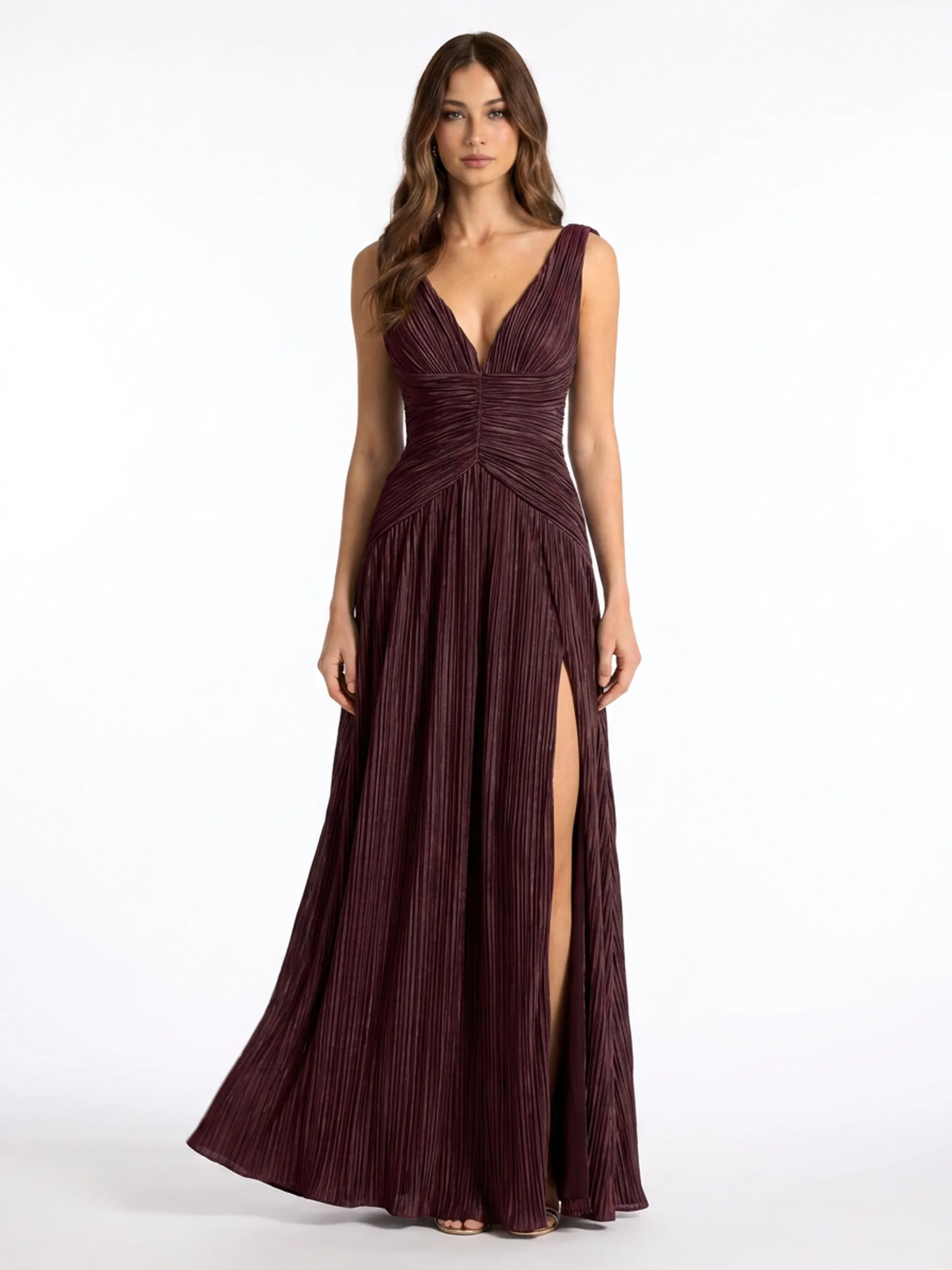 KENNEDY Women's Pleated V-Neck Maxi Dress with High Slit