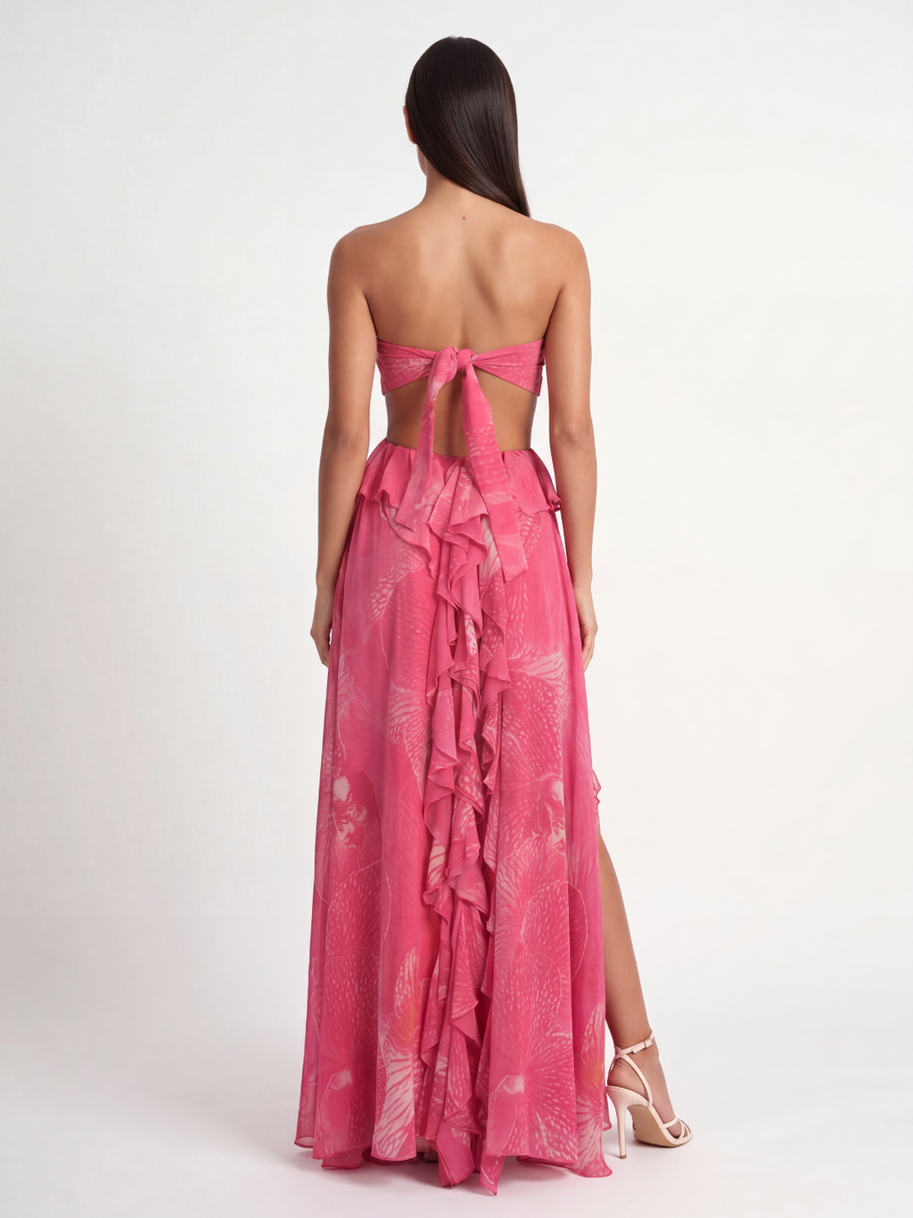 BRITTANY Women's Cut-Out Ruffle Maxi Dress with Rosette Detail