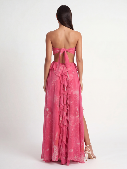 BRITTANY Women's Cut-Out Ruffle Maxi Dress with Rosette Detail