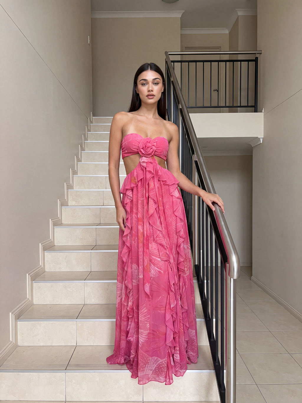 BRITTANY Women's Cut-Out Ruffle Maxi Dress with Rosette Detail