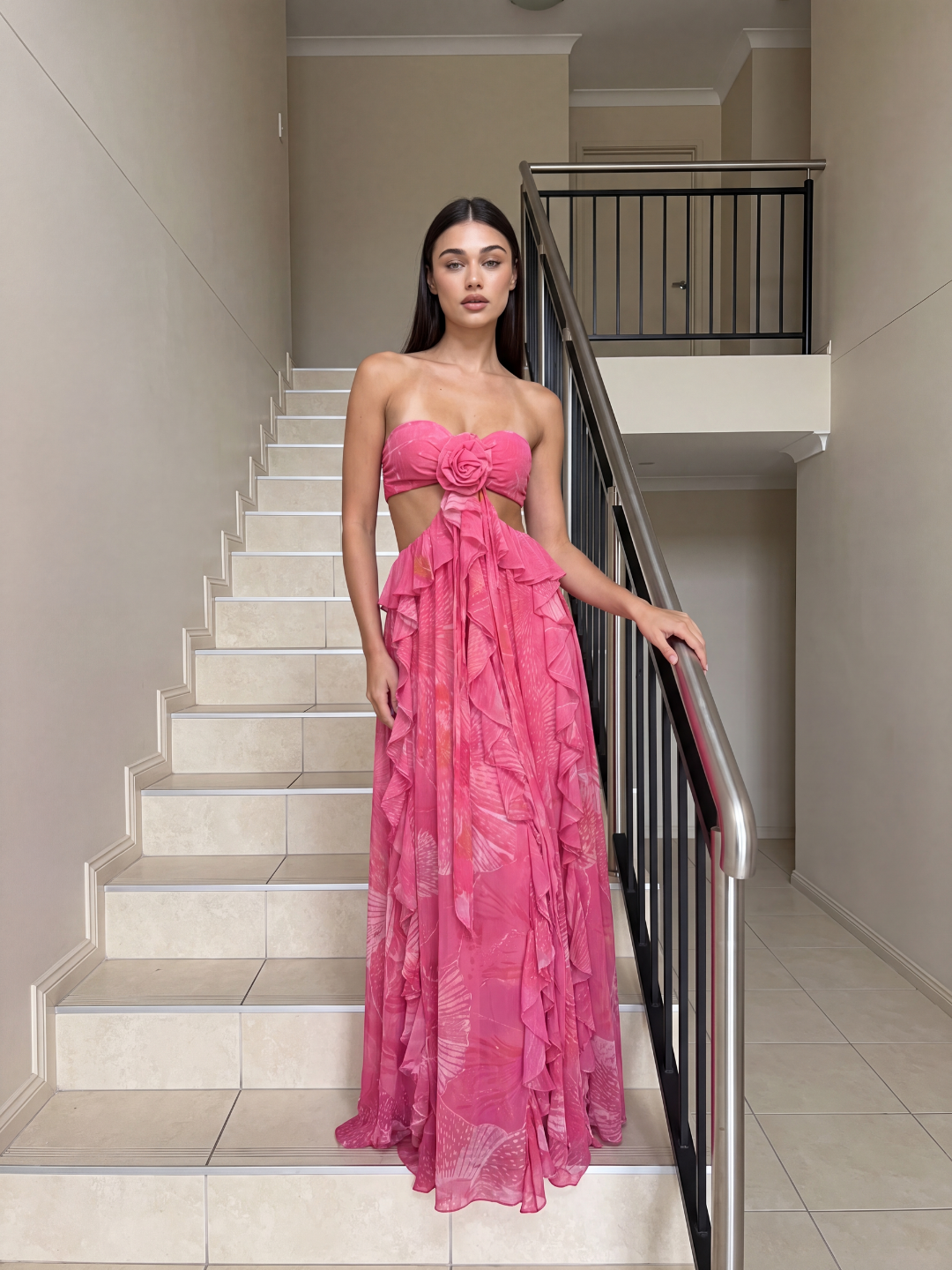 BRITTANY Women's Cut-Out Ruffle Maxi Dress with Rosette Detail