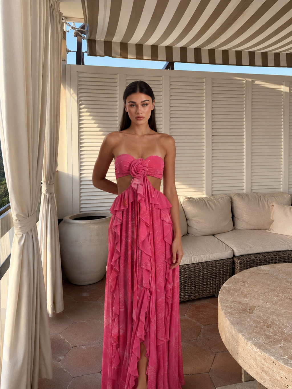 BRITTANY Women's Cut-Out Ruffle Maxi Dress with Rosette Detail