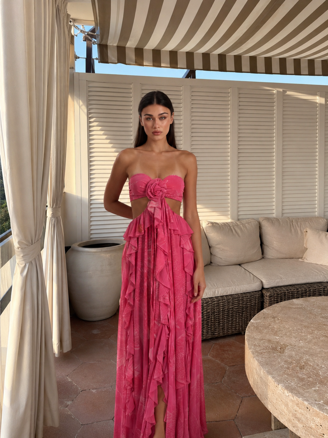 BRITTANY Women's Cut-Out Ruffle Maxi Dress with Rosette Detail