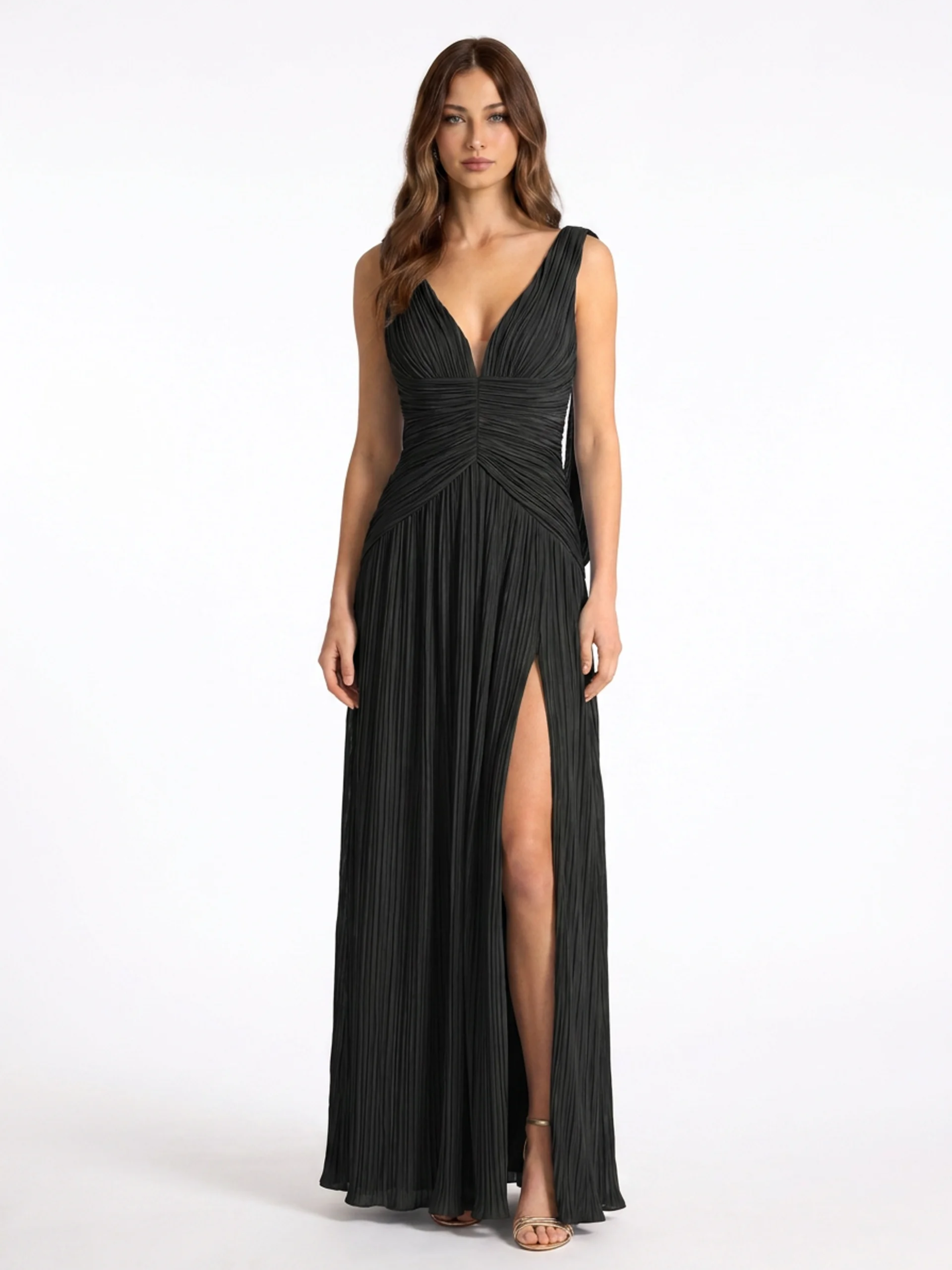 KENNEDY Women's Pleated V-Neck Maxi Dress with High Slit