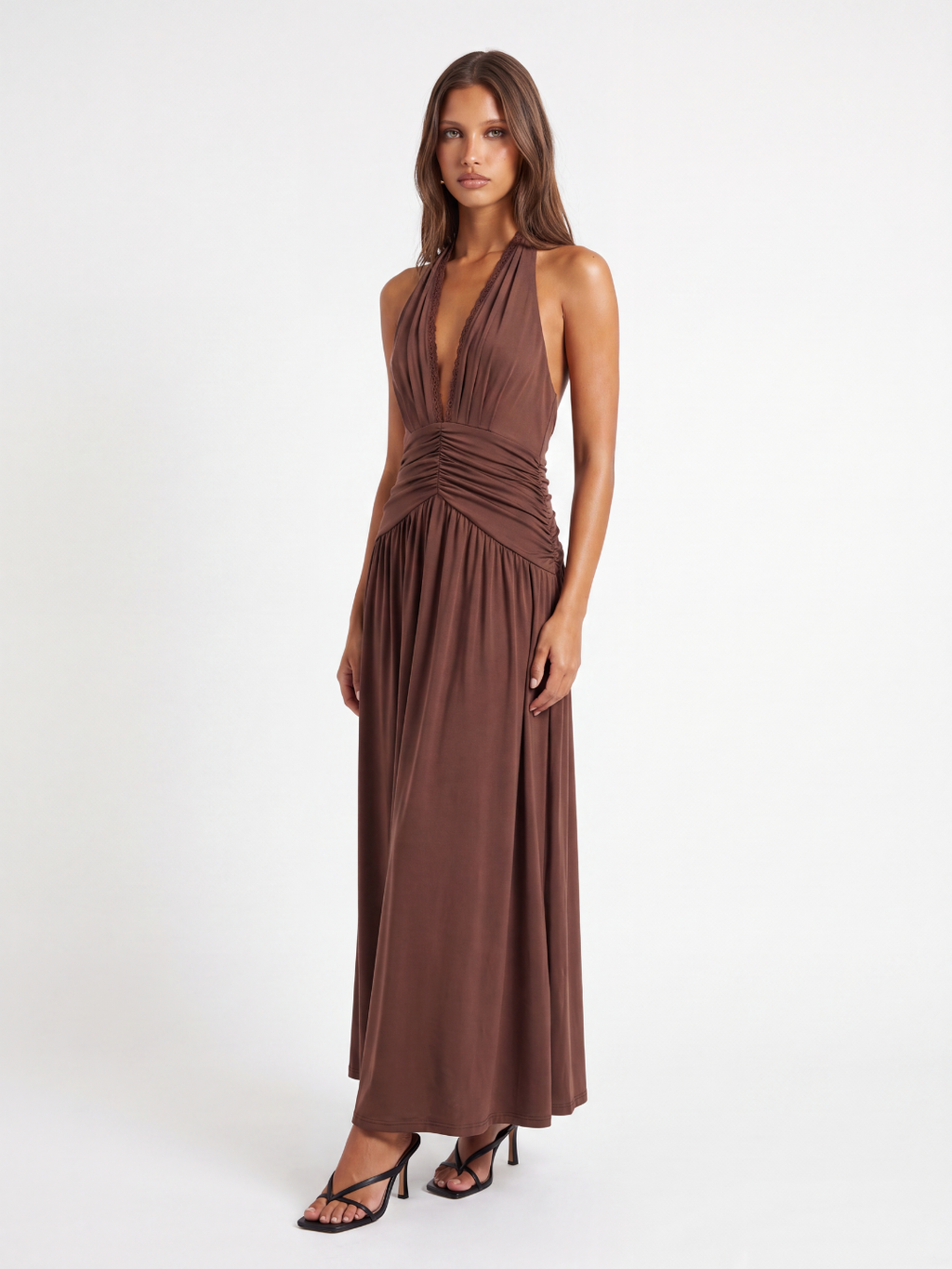 TIFFANY Women's Halterneck Ruched Maxi Dress with Plunge Neckline